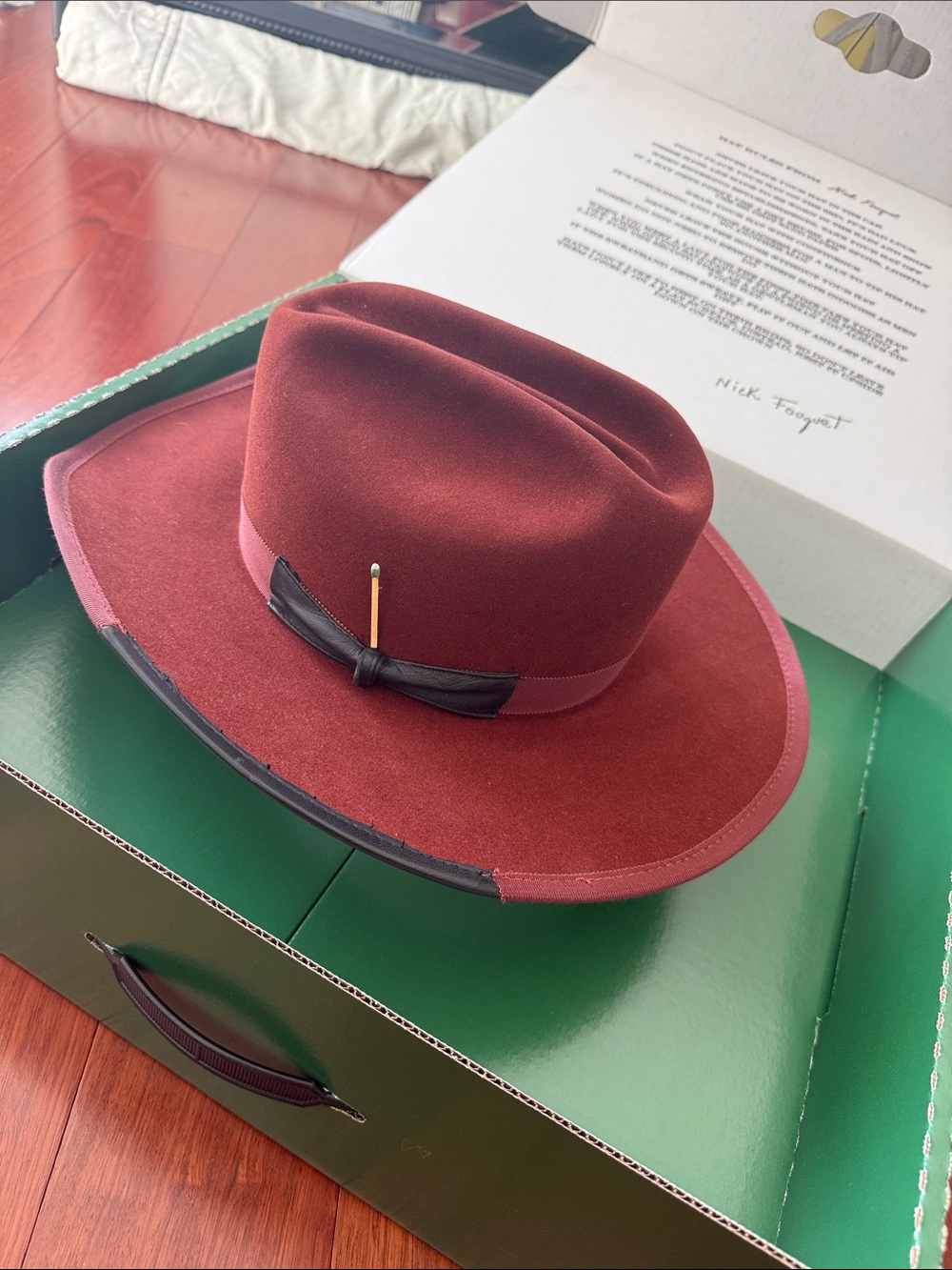 Nick Fouquet Burgundy Felt Cowboy Hat with Black Band